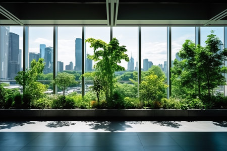 Green skyscraper building with plants growing on the facade. Ecology and green living in city, urban environment concept. Park in the sky, One central park building, Sydney, Australiaの素材