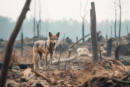 Wild animal in a deforested area on wildlife habitats. Animal in the middle of a felled forest. Deforestation's on Wildlife concept.の素材