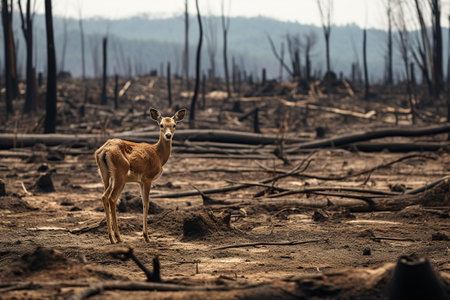Wild animal in a deforested area on wildlife habitats. Animal in the middle of a felled forest. Deforestation's on Wildlife concept.の素材