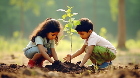 Children planting tree.の素材
