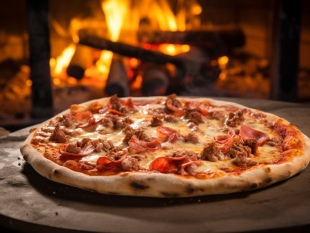 Fresh Homemade baked Italian Pizza at bake with fireの素材