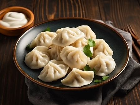 Stuffed dumplings, manti of dough and minced, close upの素材