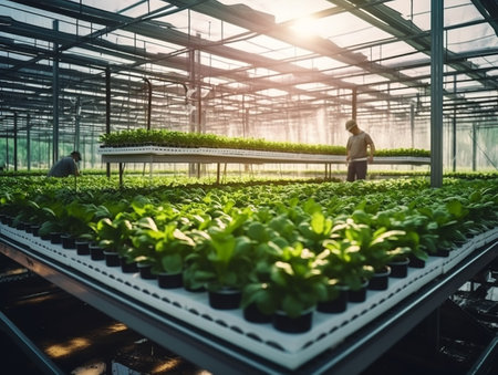 Agricultural industrial green house plantation with green vegetables and plant.の素材