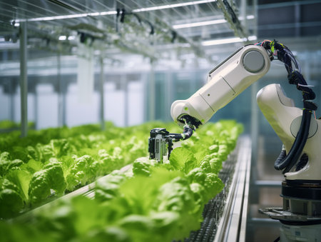 Smart robotic hand farmer in agriculture futuristic green house.の素材
