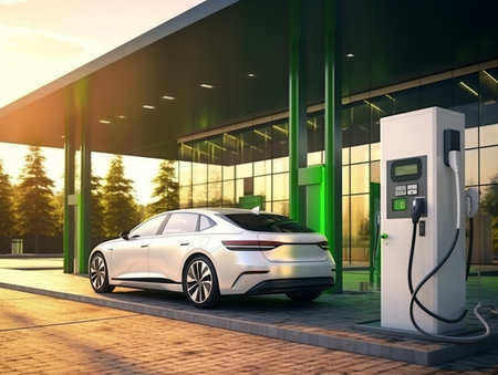 EV Car or Electric vehicle at charging station with the power cable supply plugged. Eco-friendly sustainable energy concept.の素材