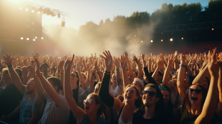 Foto de People with raised hands, silhouettes of concert crowd in front of bright stage lights - Imagen libre de derechos