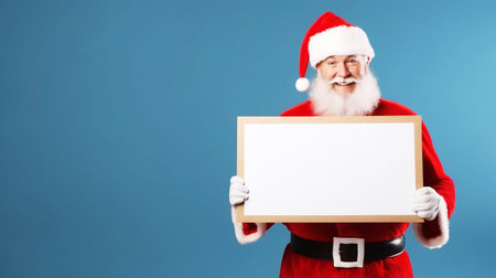 Santa Claus pointing in blank advertisement banner isolated on white background with copy spaceの素材