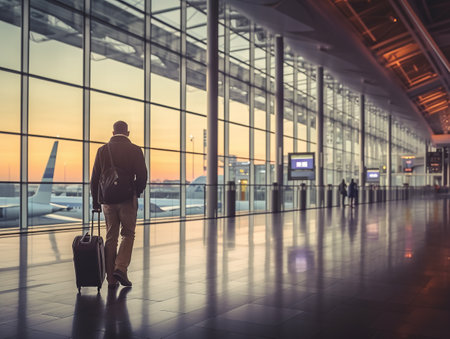Passenger with baggage move in airport terminal department at sunset light.の素材