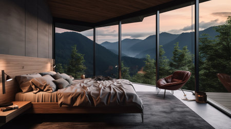 Bedroom on modern interior house in mountains, big panoramic window with forest and mountain viewの素材