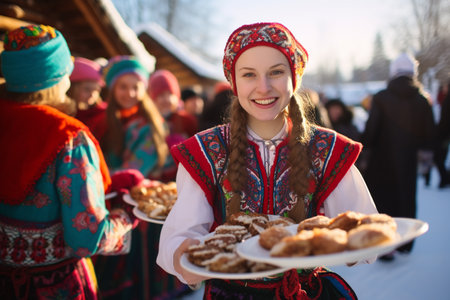 Slavic national festival Maslenitsa or shrovetide. Women in headscarf eat big tasty pancakes, have fun on winter pancake holiday week.の素材