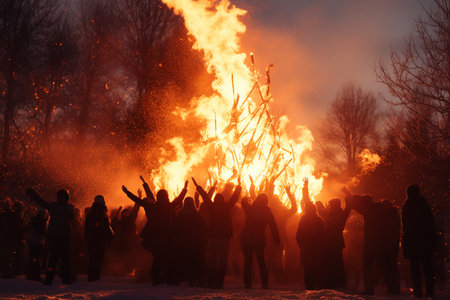 Maslenitsa bonfire, where people gather to symbolize the burning of winter's troublesの素材