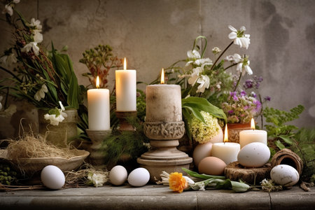 Wiccan altar for Imbolc sabbat. pagan festive ritual. Brigid's cross amulet, candles, wheel of the year on wooden table. Imbolc holiday, spring equinox.の素材