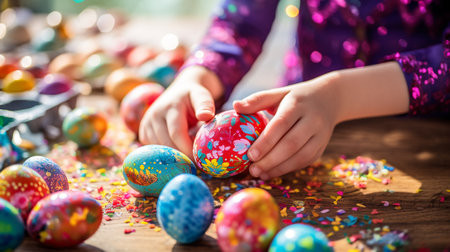 Kids gathering colorful eggs in park. Easter hunt conceptの素材