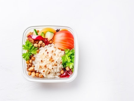 Hand holding lunch box with healthy food on tableの素材