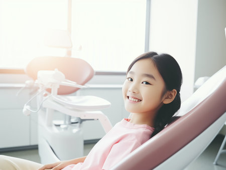 Cute little girl sitting on dental chair and having dental treatment.の素材