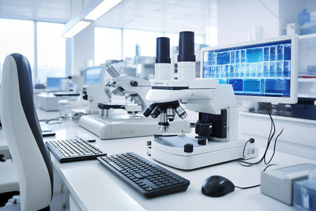 Genomics and genetics research laboratory. Scientist in a modern laboratory examining a DNA sequence under a microscopeの素材