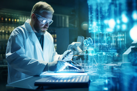 Genomics and genetics research laboratory. Scientist in a modern laboratory examining a DNA sequence under a microscopeの素材