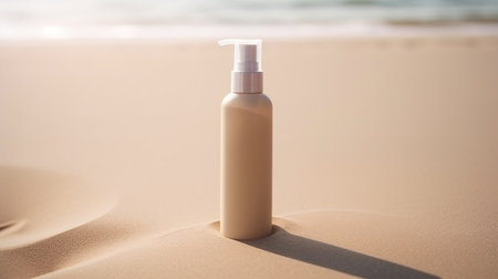 Cosmetic moisturizer with hyaluronic acid, micellar emulsion on sand beach background with splashes. Mockup of cosmetic packagingの素材