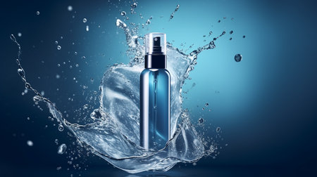 Cosmetic moisturizer with hyaluronic acid, micellar emulsion on blue water background with splashes. Mockup of cosmetic packagingの素材