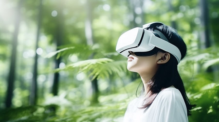 Asian Woman with VR glasses looking at green ecology healthy planet in green botanic garden.の素材
