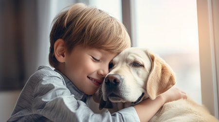 Close up portrait of kid with puppy dog. Cute moments at home.の素材
