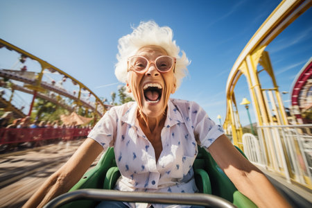Happy Senior woman riding a rollercoaster at amusement parkの素材
