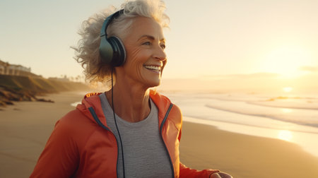 Middle age woman jogging on beach at morning with music on her headphonesの素材