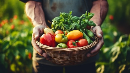 Farmer holding basket full of fresh raw vegetables. Basket with vegetables (cabbage, carrots, cucumbers, radish, corn, garlic and peppers) in the senior hands.の素材