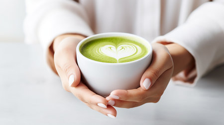Woman's hands hold a white ceramic mug with Matcha latte with heart art on top.の素材