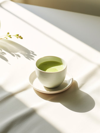 Matcha latte on ceramic mug morning lights. Good morning tradition for breakfast.の素材