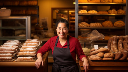 Portrait of owner family bakery. Bakers crafting delicious pastries in small neighborhood bakery.の素材