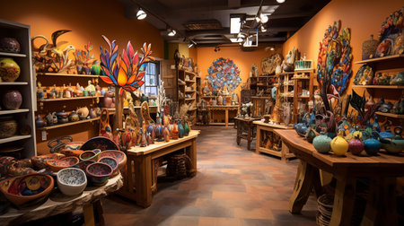 Handmade craft store interior with bright colors crafts.の素材