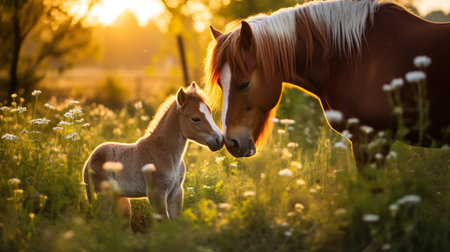 Young foal with mother on a green lawn in morning. Cute horses family lying on the summer meadow.の素材