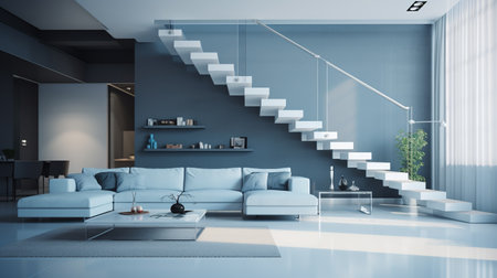 Stylish two-floor apartment with dining area open to living room and wooden stairs. Staircase in Modern interiorの素材