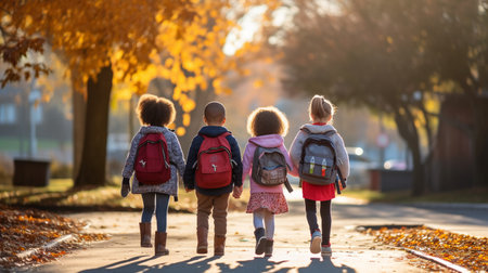 Happy afro boy with friends walk from school togetherの素材