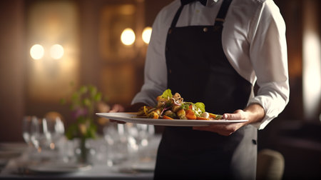 Confident waiter holding dish on hands at Restaurant backgroundの素材
