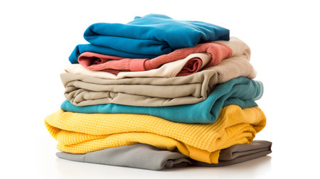 Border of Stack of folded colorful knitted clothing isolated on white backgroundの素材
