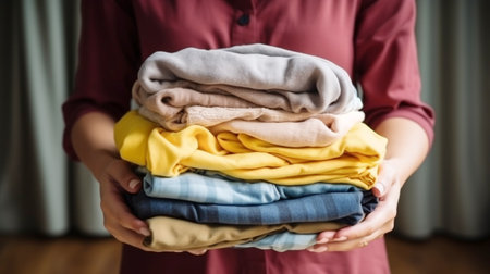 Woman holding clothes pileの素材