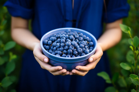 Blueberries in an enameled white plate, the child's palms hold it.の素材