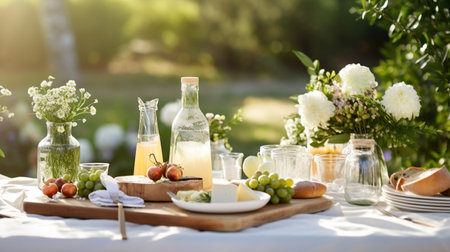 Table Dishware Dinner severed outdoor, on summer terrace .の素材