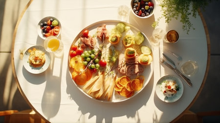 Table with food and drink top view. Breakfast morning eating. minimalism styleの素材