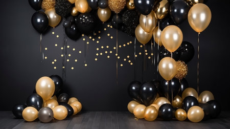 Arch decorated with black, brown, golden balloons and stars. Photo-wall decoration space, place with gold background. Trendy autumn decor. Celebration concept. Birthday party. Happy birthday text.の素材