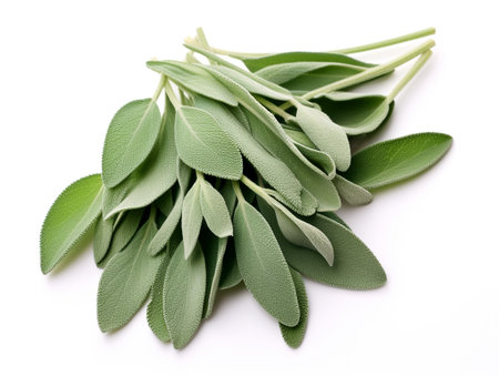 Sage leaves close up on white backgrounds.の素材