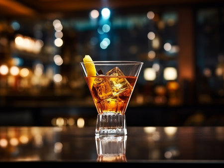 Glass filled with whiskey placed on reflective table with yellow illumination in dark barの素材