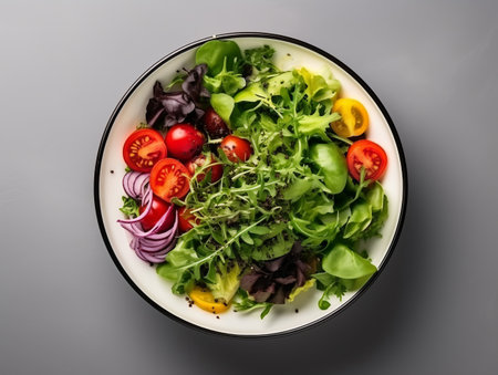 Grilled vegetables (colorful bell pepper, zucchini, eggplant, cherry tomatoes and broccoli) on a black stone plate. Top view. Rustic style.の素材