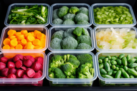 Frozen berries in plastic boxes in the freezer. Open deep freeze filled with frozen berriesの素材