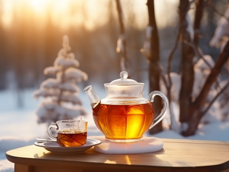 Glass teapot with sea buckthorn tea in the winter forestの素材