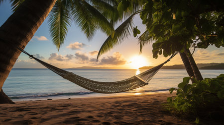 Romantic cozy hammock in the shadow of the palm on the tropical beach by the seaの素材