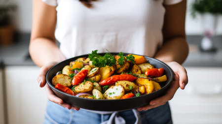 Unrecognized woman holding healthy vegetables bowl in kitchen at homeの素材