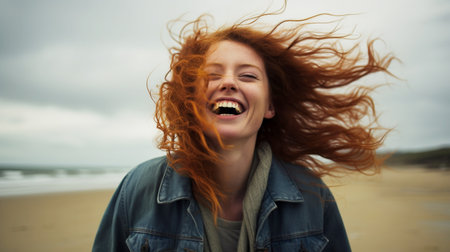 Portrait of beautiful cheerful redhead girl with flying curly hair smiling laughing at the windy beachの素材